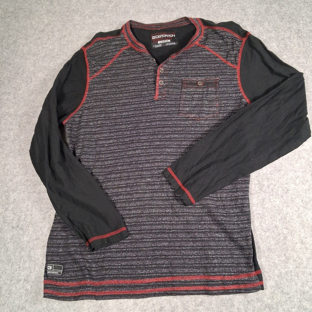 Distortion Henley Shirt Men Large Black Striped Long Sleeve Red Stitching Pocket